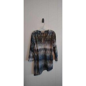 Impulse | Blue Patterned Rhinestone Detail Assymetrical 3/4 Length Sleeve Top...